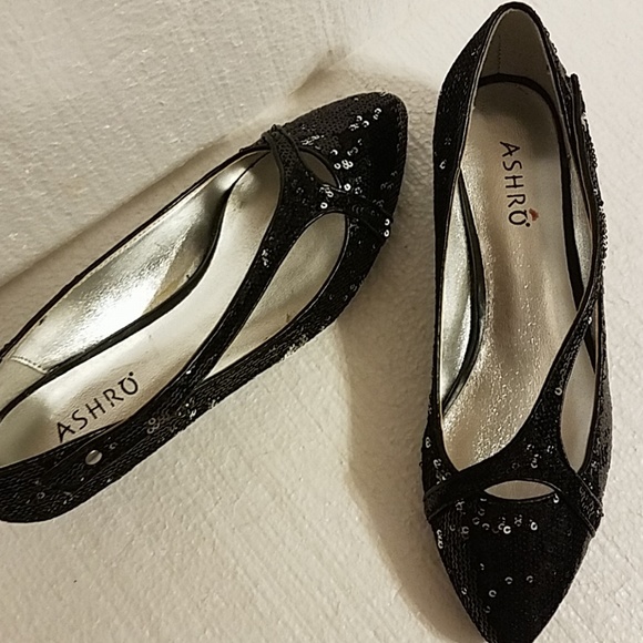 Ashro Shoes - Ashro Black Sequined kitten heels